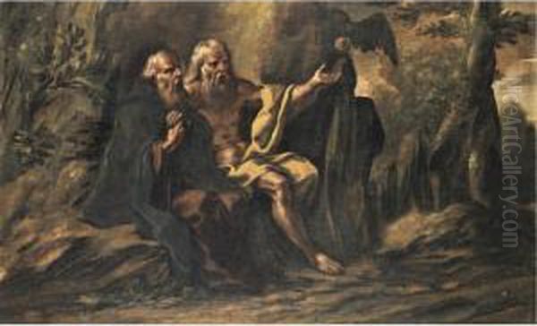 Paul The Hermit And Anthony The Great In The Wilderness Oil Painting by Francesco Cozza