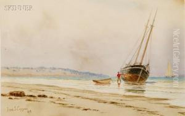 Coastal View With Beached Boat Oil Painting by Frederick Schiller Cozzens