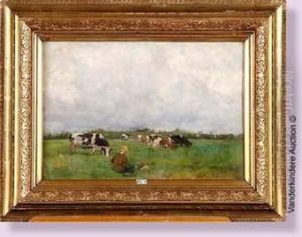 Le Petit Gardien Et Ses Vaches Au Pre Oil Painting by Florent Nicolas Crabeels