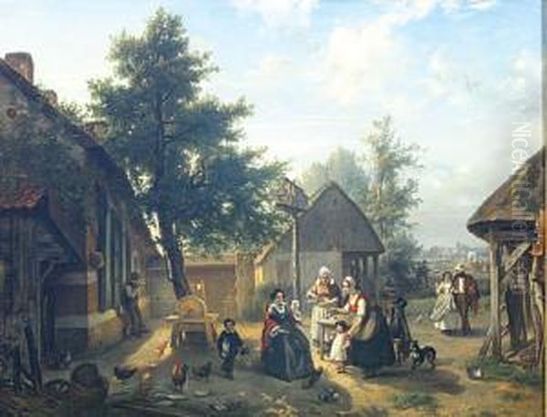 Wandelaars Rond De Hoeve. Oil Painting by Florent Nicolas Crabeels