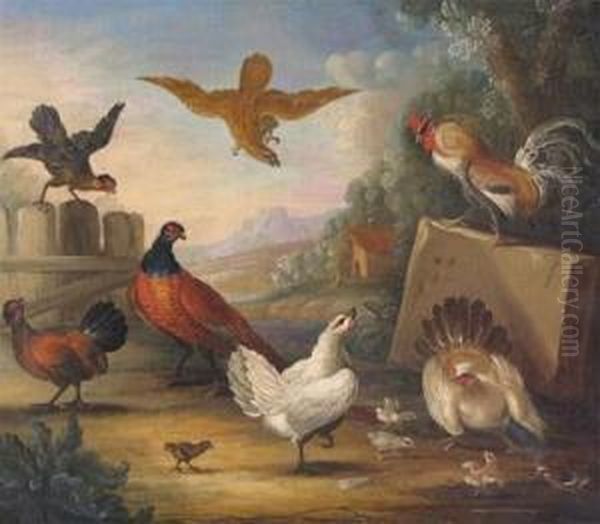 Fowl Being Attacked By A Bird Of Prey In A Landscape Oil Painting by Marmaduke Cradock