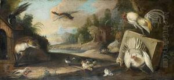 Chickens And A Cockerel Frightened By Atethered Fox Oil Painting by Marmaduke Cradock