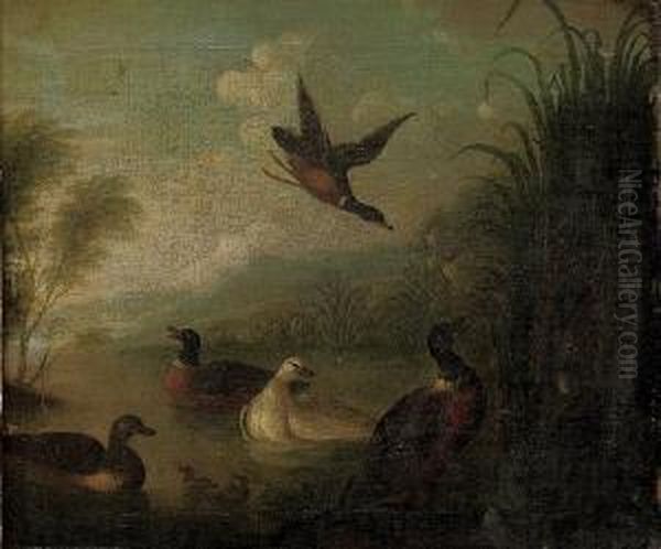 Ducks And Ducklings On A Pond Oil Painting by Marmaduke Cradock