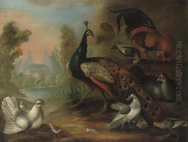 A Peacock, Hens, Fowl And Other Birds In A Wooded River Landscape Oil Painting by Marmaduke Cradock