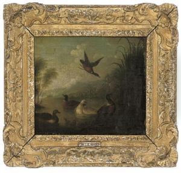 Ducks And Ducklings On A Pond Oil Painting by Marmaduke Cradock