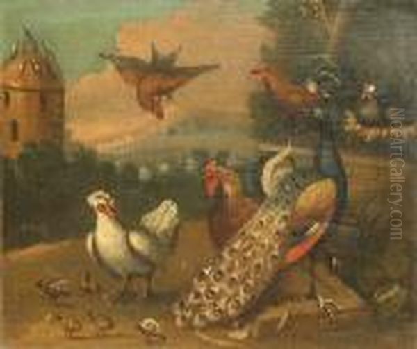 A Group Of Birds Including A Peacock With Adovecote In The Background Oil Painting by Marmaduke Cradock