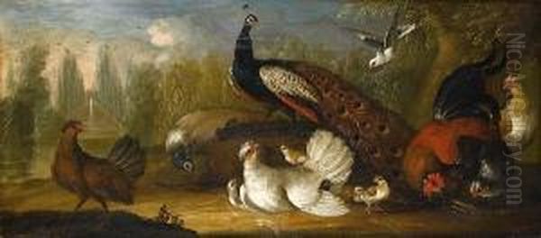 A Peacock And A Peahen With A Cockerel Andother Fowl In A Park Landscape Oil Painting by Marmaduke Cradock