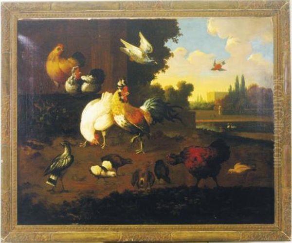 A Rooster, Hens, Chicks And Other Birds In A Landscape Oil Painting by Marmaduke Cradock