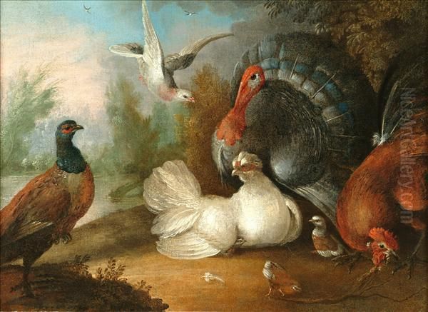 Scene Withdomestic Fowl, To Include Cock, Hen And Chicks, Turkey, Pheasantand Pigeon Oil Painting by Marmaduke Cradock