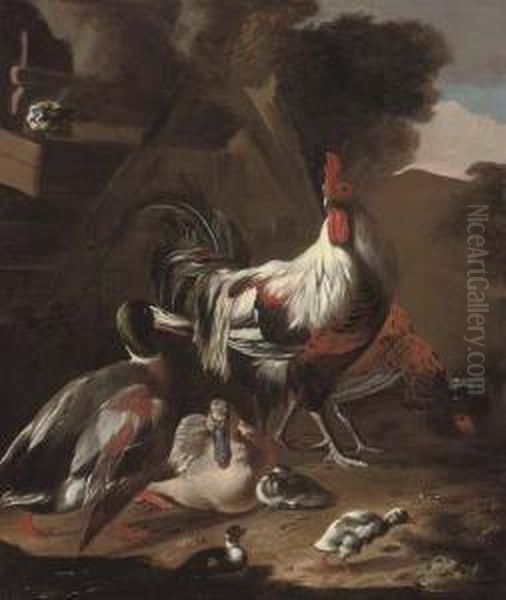 A Cockerel, Hen, Ducks, Chicks And Blue Tit In A Farmyard Oil Painting by Marmaduke Cradock