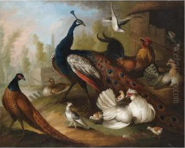 An Assembly Of Birds In A Parkland Setting, Including A Peacock, Hens And A Duck Oil Painting by Marmaduke Cradock