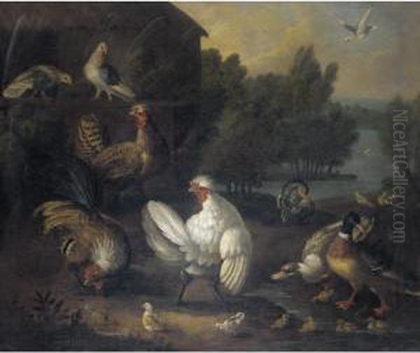 A Farmyard Still Life With 
Doves, Chickens And Chicks, Ducks And Ducklings, A Cockerel, And A 
Turkey Oil Painting by Marmaduke Cradock