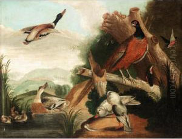 Still Life With Ducks, Kingfishers, Doves And A Pheasant In A River Landscape Oil Painting by Marmaduke Cradock