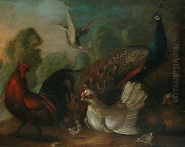 Pheasants And Chickens In A Landscape Oil Painting by Marmaduke Cradock