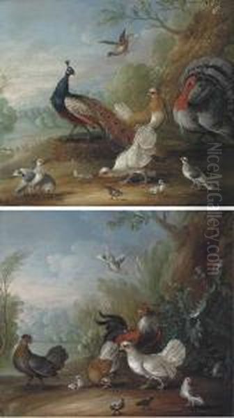 A Peacock, Doves, Chickens And A
 Turkey In A Landscape; Andchickens, Doves And Cockerels In A Landscape Oil Painting by Marmaduke Cradock