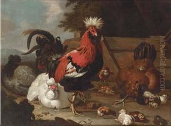 A Rooster, Hens And Chicks In A Farmyard Oil Painting by Marmaduke Cradock