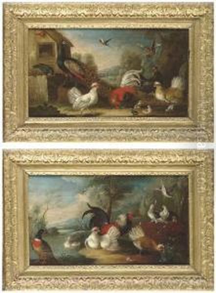 A Peacock, Chickens, A Jay And 
Other Birds By A Barn; And Chicken,ducks And Pigeons By A Wall In A 
River Landscape Oil Painting by Marmaduke Cradock