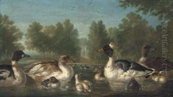 Ducks On A Pond With A Pavilion Beyond Oil Painting by Marmaduke Cradock