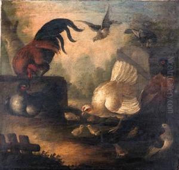 Chickens, A Pheasant And Doves In A Wooded Landscape Oil Painting by Marmaduke Cradock