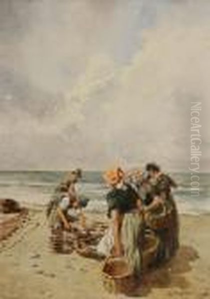 Scena Con Pescatori Sulla Spiaggia Oil Painting by Aurelio Craffonara