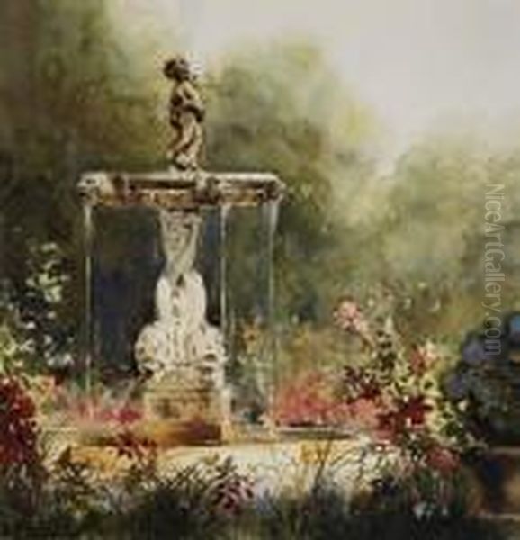 Fontana Con Putto E Fiori Oil Painting by Aurelio Craffonara