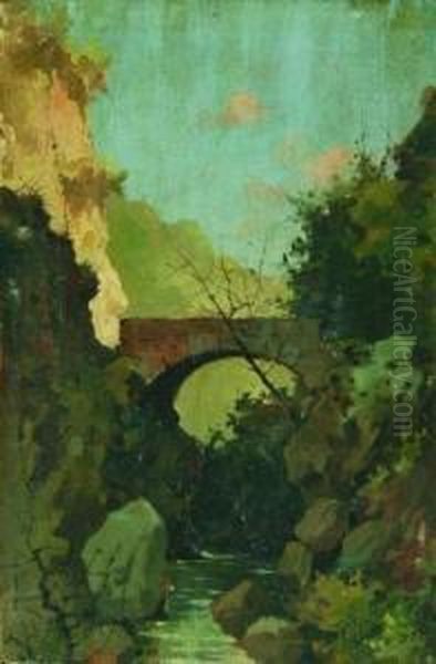 Il Ponte Dello Strenta Verso Posina Oil Painting by Aurelio Craffonara