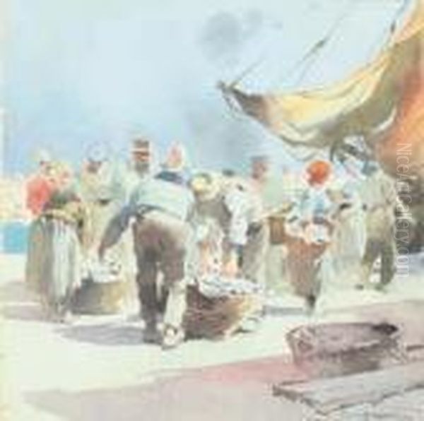 Arrivo Del Pesce A Venezia Oil Painting by Aurelio Craffonara