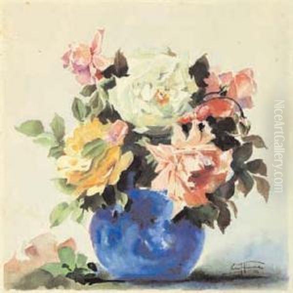 Rose Nel Vaso Blu Oil Painting by Aurelio Craffonara