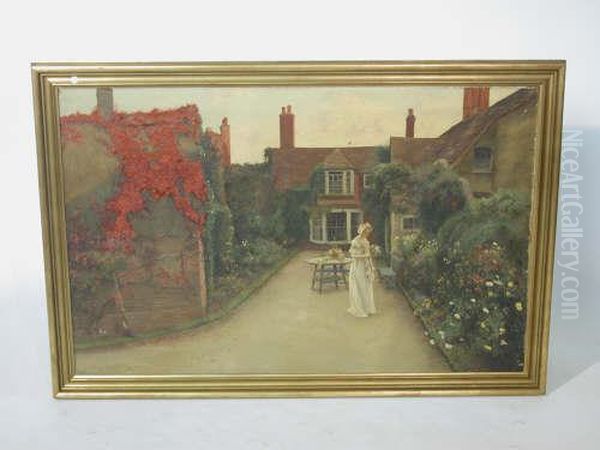 Young Girl Gathering Flowers In A Garden Oil Painting by Percy Robert Craft