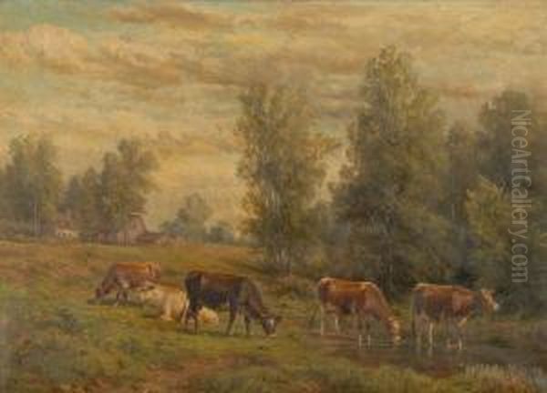 Cows At A Watering Hole Oil Painting by Thomas Bigelow Craig