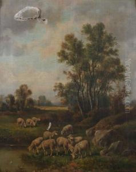 Sheep Drinking At Riverside Oil Painting by Thomas Bigelow Craig