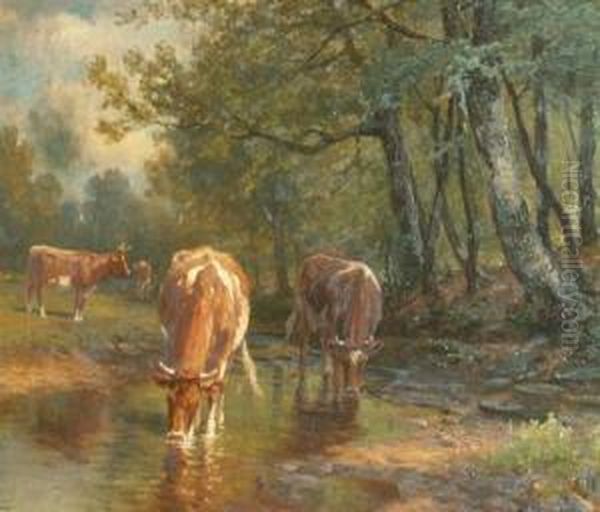 Cows Watering Oil Painting by Thomas Bigelow Craig