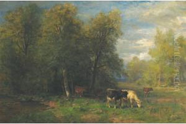 Cattle Grazing By A Woodland Pool Oil Painting by Thomas Bigelow Craig