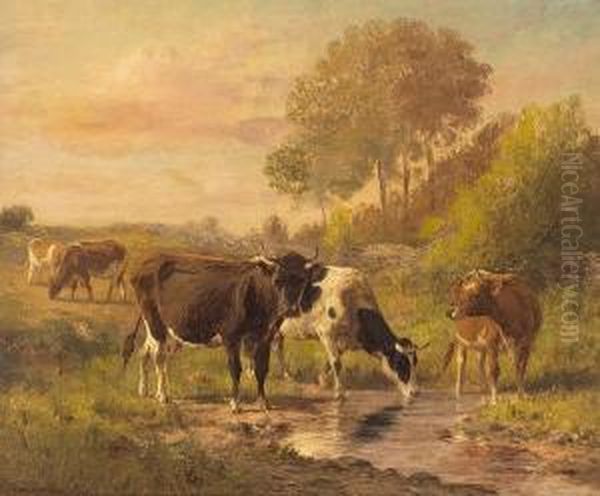 Cattle Watering At Dusk Oil Painting by Thomas Bigelow Craig