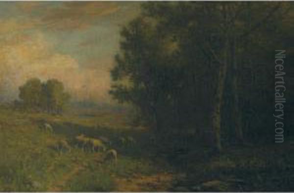 Sheep Grazing By The Edge Of A Wood Oil Painting by Thomas Bigelow Craig