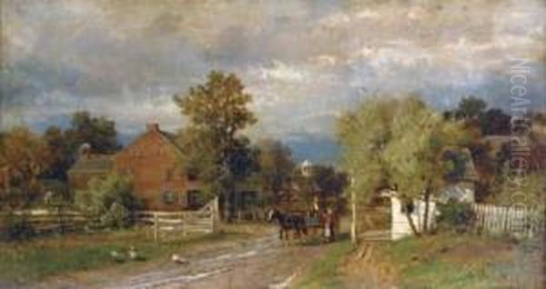 A Horse Drawn Cart With Figures At The Village Toll Gate Oil Painting by Thomas Bigelow Craig