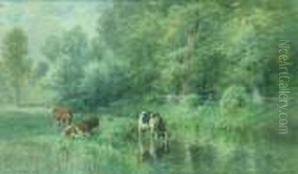 Cows Watering Oil Painting by Thomas Bigelow Craig