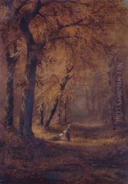 Figures In A Forest Interior, Autumn Oil Painting by Thomas Bigelow Craig