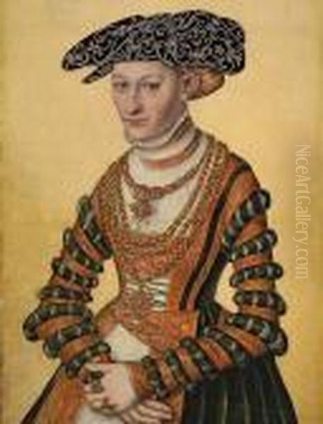 Portrait Of A Lady, 
Three-quarter-length, In A Green Velvet And Orange Dress And A 
Pearl-embroidered Black Hat Oil Painting by Lucas The Younger Cranach