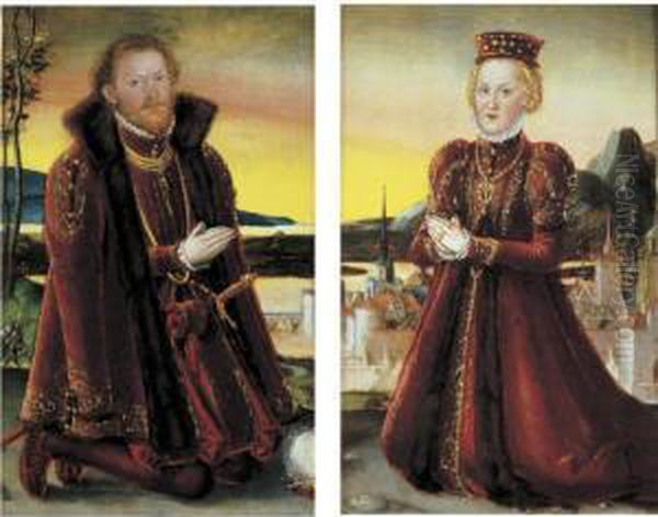 Portrait Of Prince Joachim Ernst Von Anhalt; Portrait Of Princess Agnes Grafin Von Barby Oil Painting by Lucas The Younger Cranach