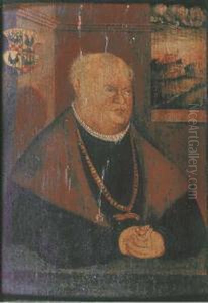 Portrait Of Carl Henneberg, 
Small Half-length, In A Black Costume With A White Collar And A 
Fur-lined Black Coat, A Landscape View Through The Window In The 
Background Oil Painting by Lucas The Younger Cranach