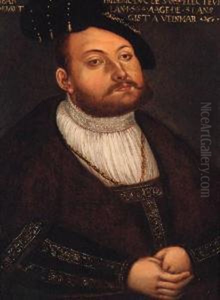 Portrait Of Johann Friedrich, 
Elector Of Saxony, Half-length, In Awhite Shirt And A Gold Embroidered 
Coat With A Fur-linedcollar Oil Painting by Lucas The Younger Cranach