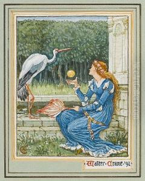 A Girl With A Golden Ball And A Crane Oil Painting by Walter Crane