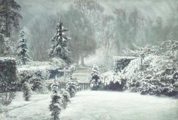 Garden In Snow Oil Painting by Walter Crane