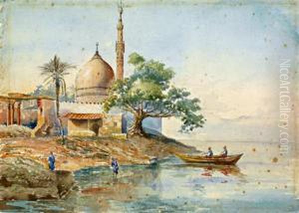 Mosquee Au Bord Du Nil Oil Painting by Louis Amable Crapelet