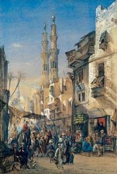 La Mosquee De Mounayed Sultan Et Rue Animee Au Caire Oil Painting by Louis Amable Crapelet