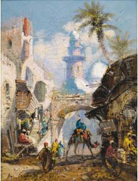 Rue Animee A Jaffa Oil Painting by Louis Amable Crapelet