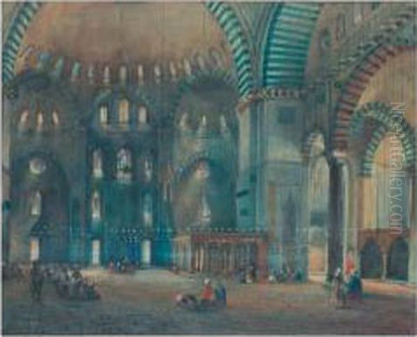 Interieur De Mosquee A Constantinople Oil Painting by Louis Amable Crapelet