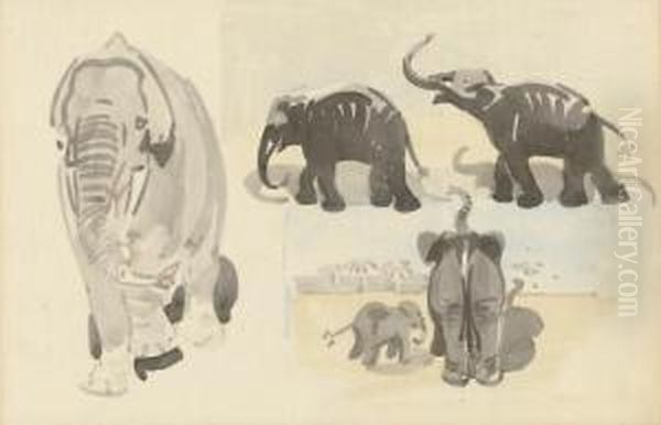 Studies Of Elephants Oil Painting by Joseph Ii Crawhall