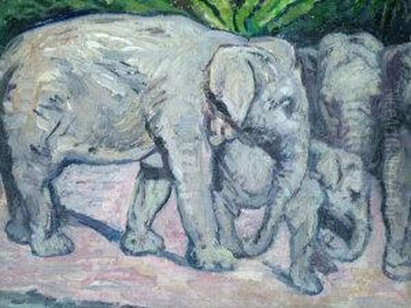 Family Of Elephants Oil Painting by Joseph Ii Crawhall